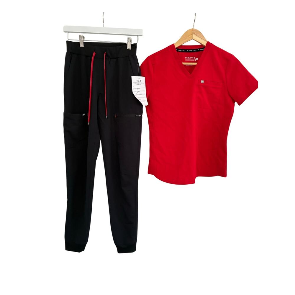 NWT Fabletics Womens XS Tall Scrub Joggers Black & XS Scrub Red Vital Top READ